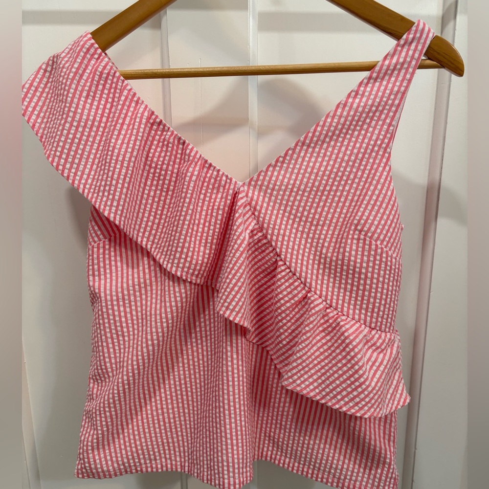 Vineyard Vines Ruffle Tank  Seersucker Pink & White Romantic Preppy Nautical  00